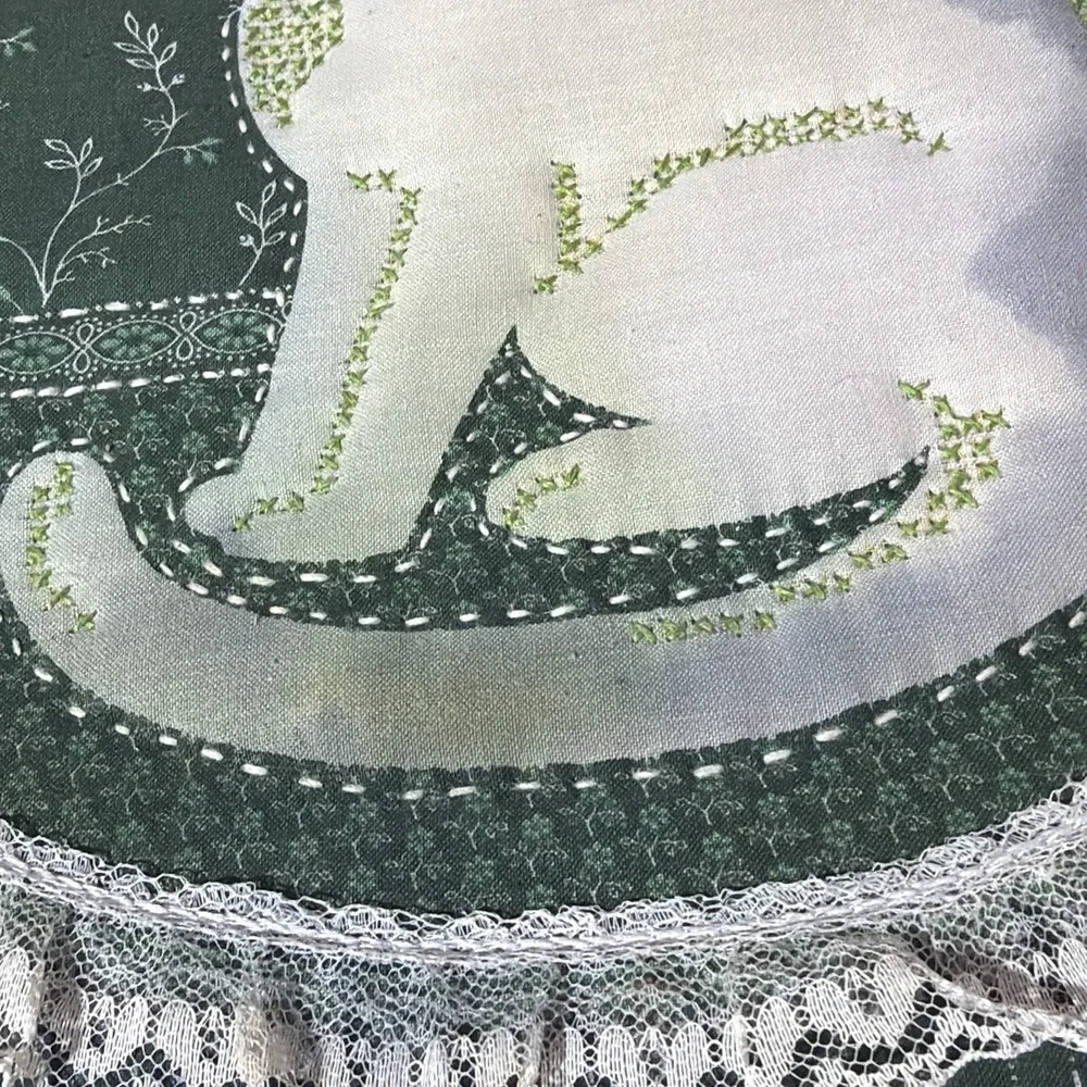 Vintage Fabric Quilted Embroidery Hoop Art Wall Decor Cat Decor Lace Ruffle